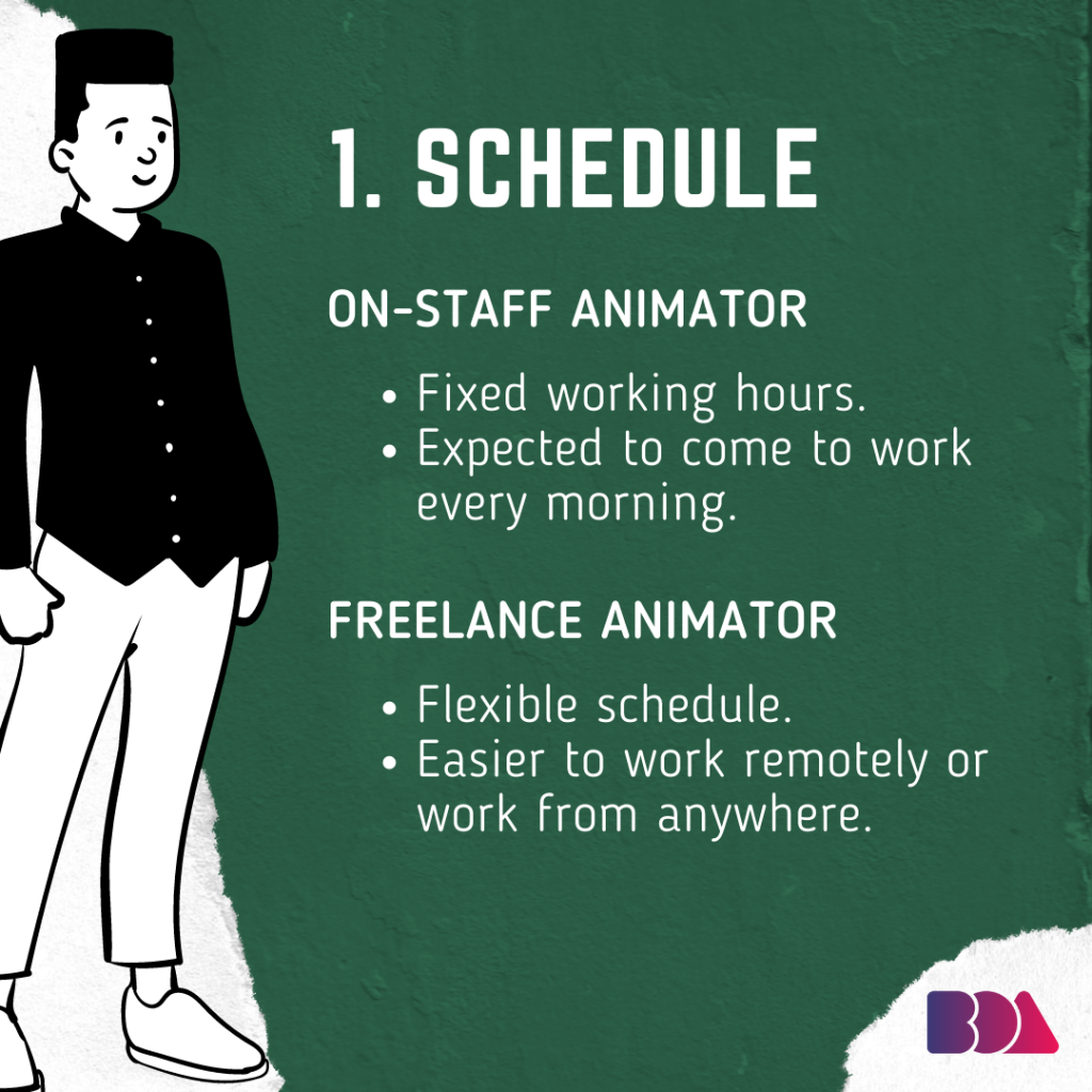 the first difference of between an on-staff animator and freelance animator is their schedule
