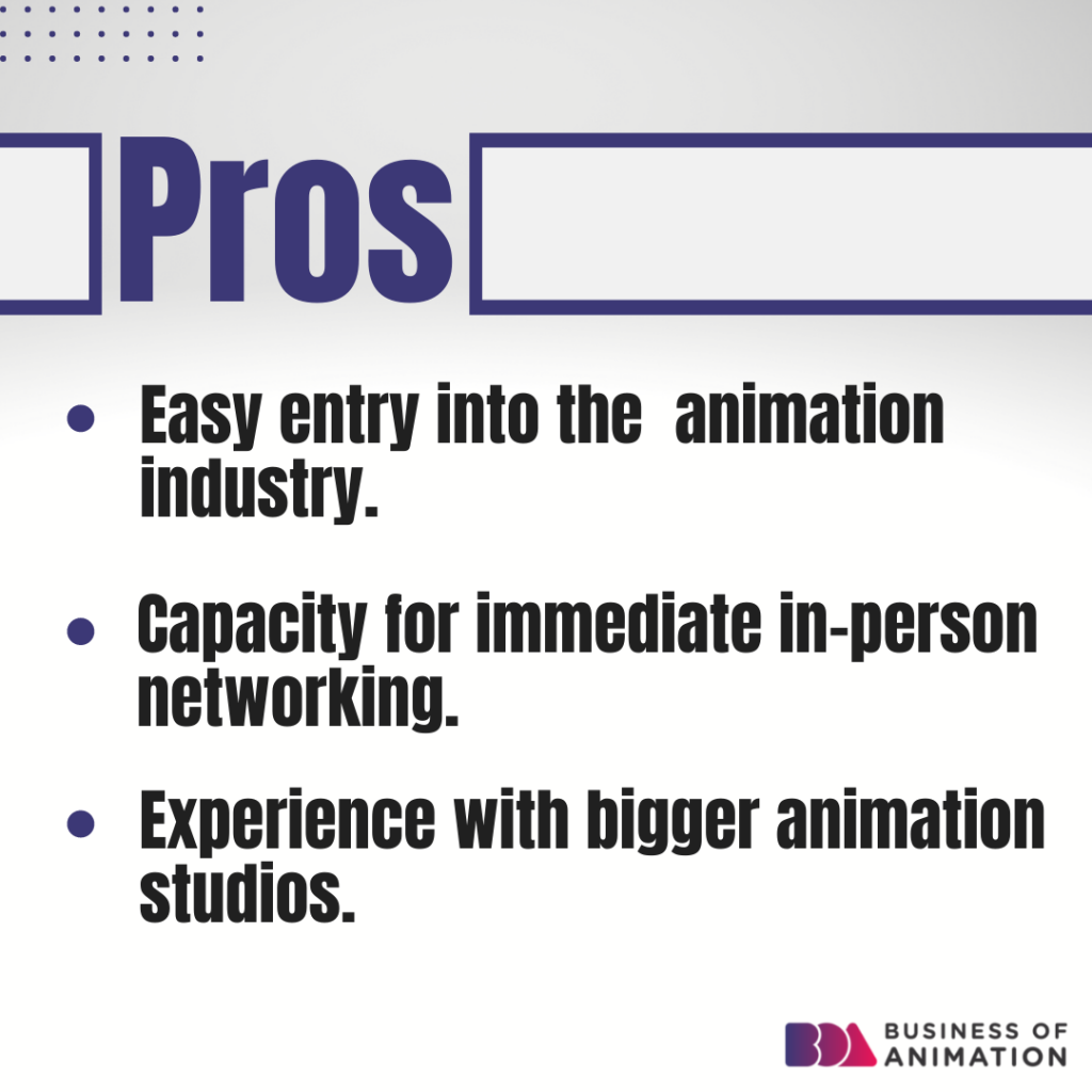 1. Easy entry into the animation industry.
2. Capacity for immediate in-person networking.
3. Experience with bigger animation studios.