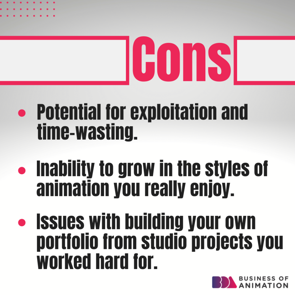 1. Potential for exploitation and time-wasting.
2. Inability to grow in the styles of animation you really enjoy.
3. Issues with building your own portfolio from studio projects you worked hard for.