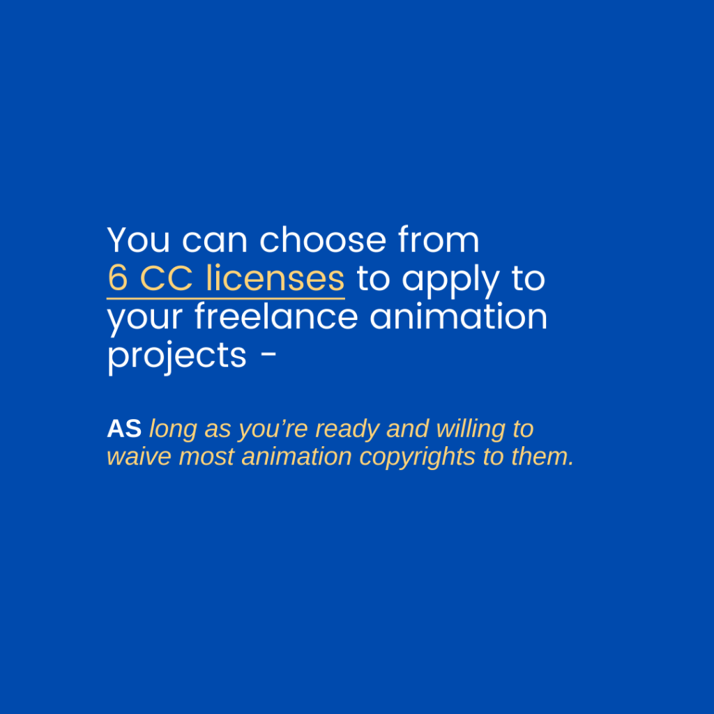 You can choose from 6 CC licenses to apply to your animation projects - as long as you're ready and willing to waive most animation copyrights to them.