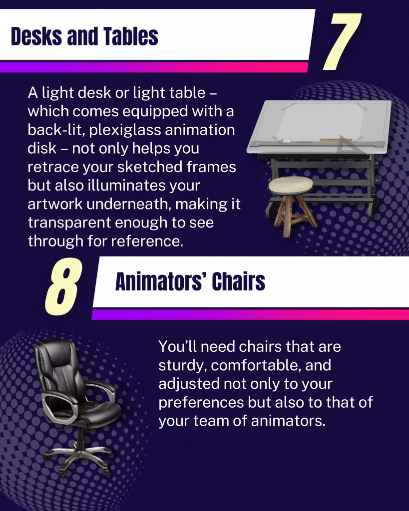7. Desks and Tables
8. Animators’ Chairs