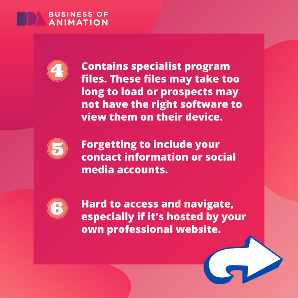 4. Contains specialist program files. These files may take too long to load or prospects may not have the right software to view them on their device.
5. Forgetting to include your contact information or social media accounts.
6. Hard to access and navigate, especially if it's hosted by your own professional website.