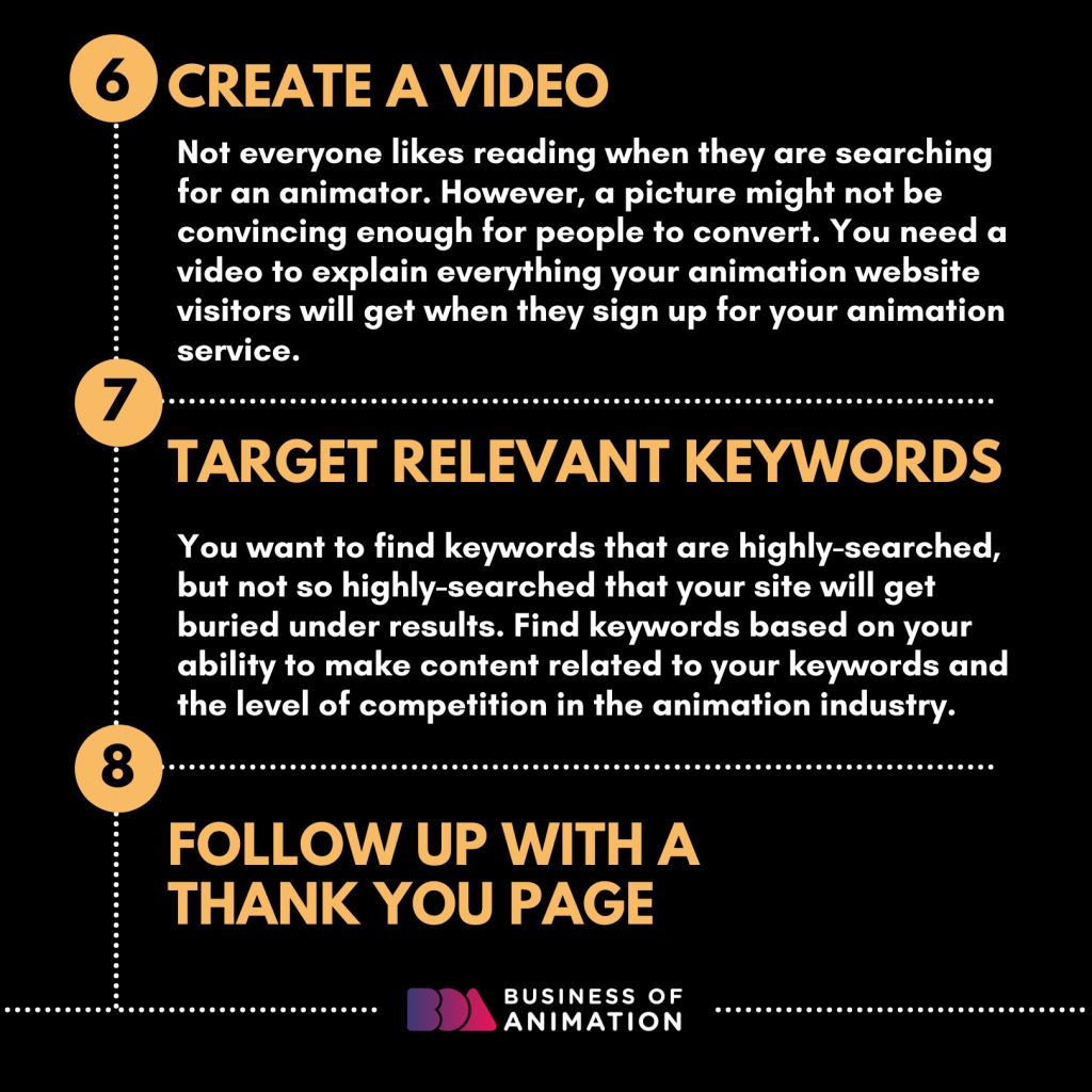 6. Create a video
7. Target relevant keywords
8. Follow up with a thank you page