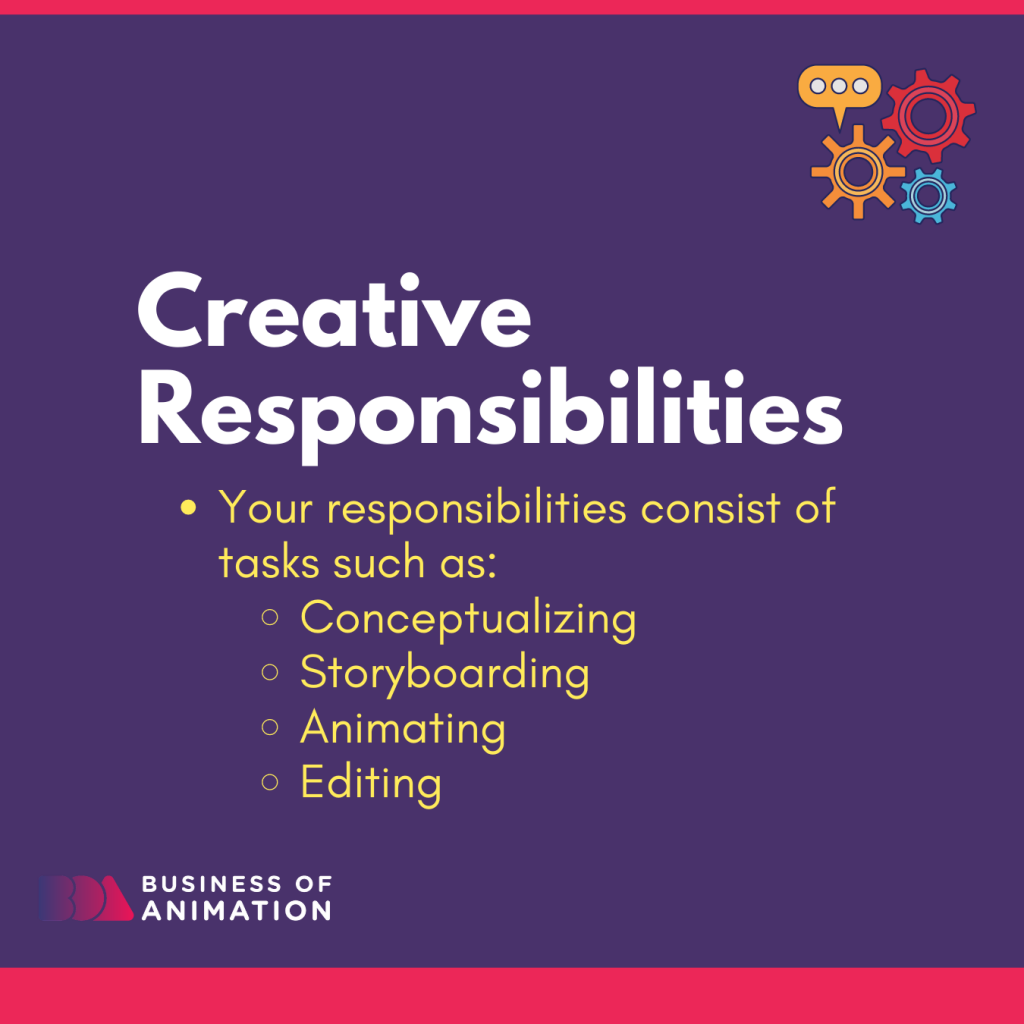 Creative responsibilities include conceptualizing, creating storyboards, animating, and editing