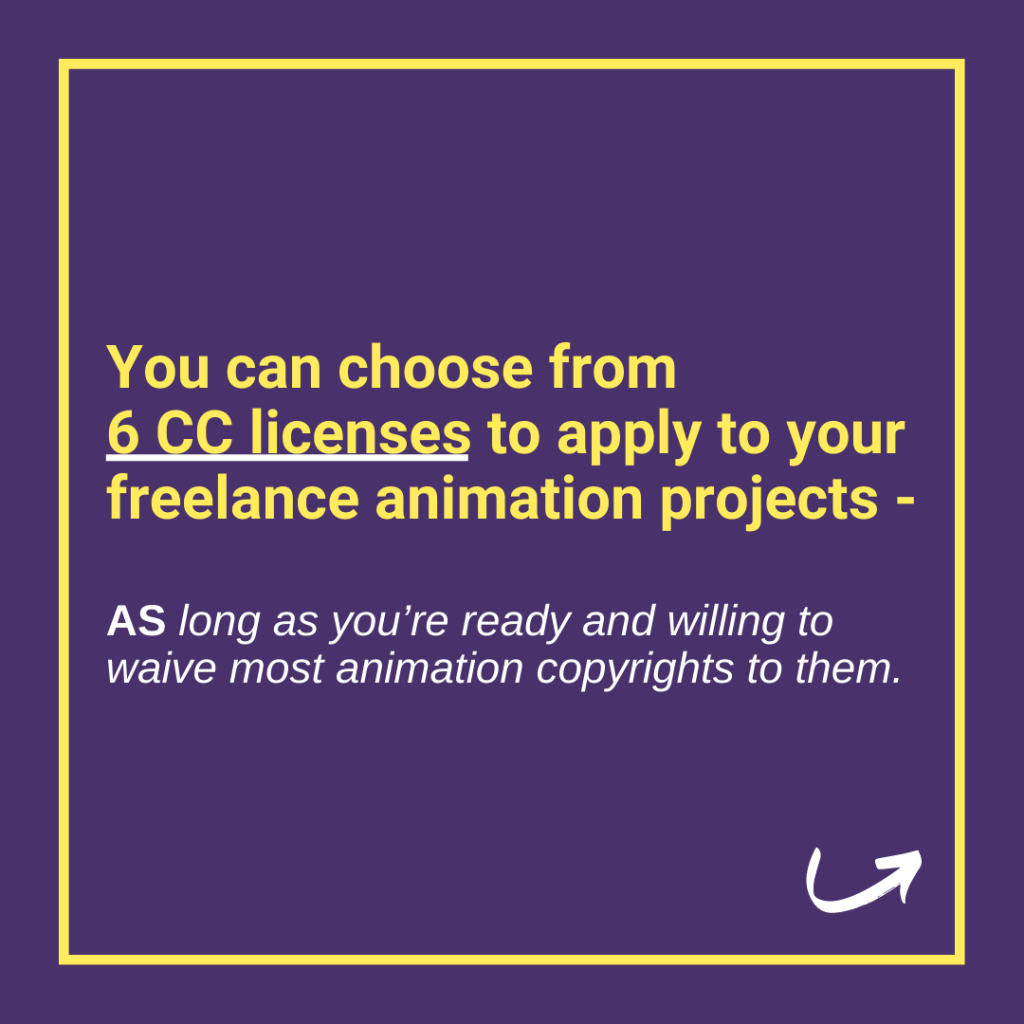 You can choose fro 6 cc licenses to apply to your freelance animation projects as long as you waive most animation copyrights to them