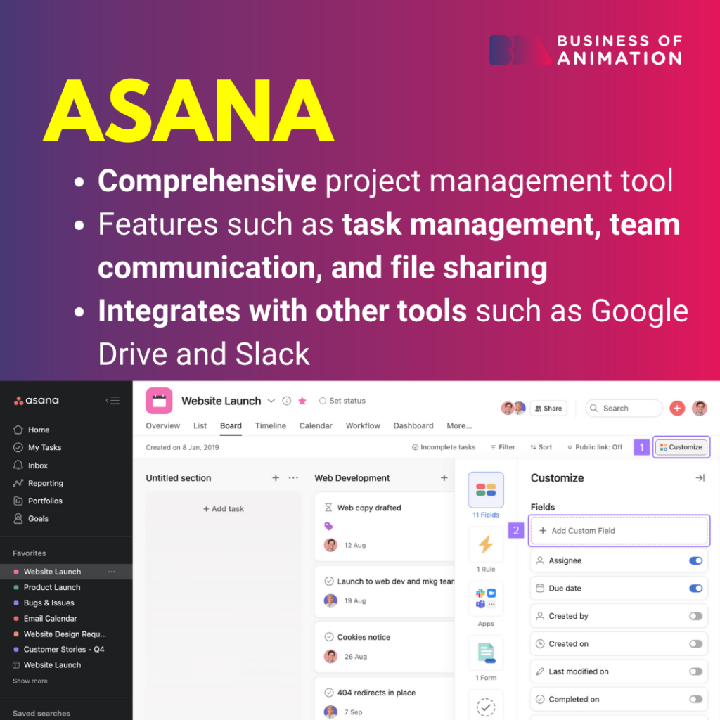 Asana, comprehensive project management tool, features such as task management, team communication, and file sharing,integrates with other tools such as Google Drive and Slack