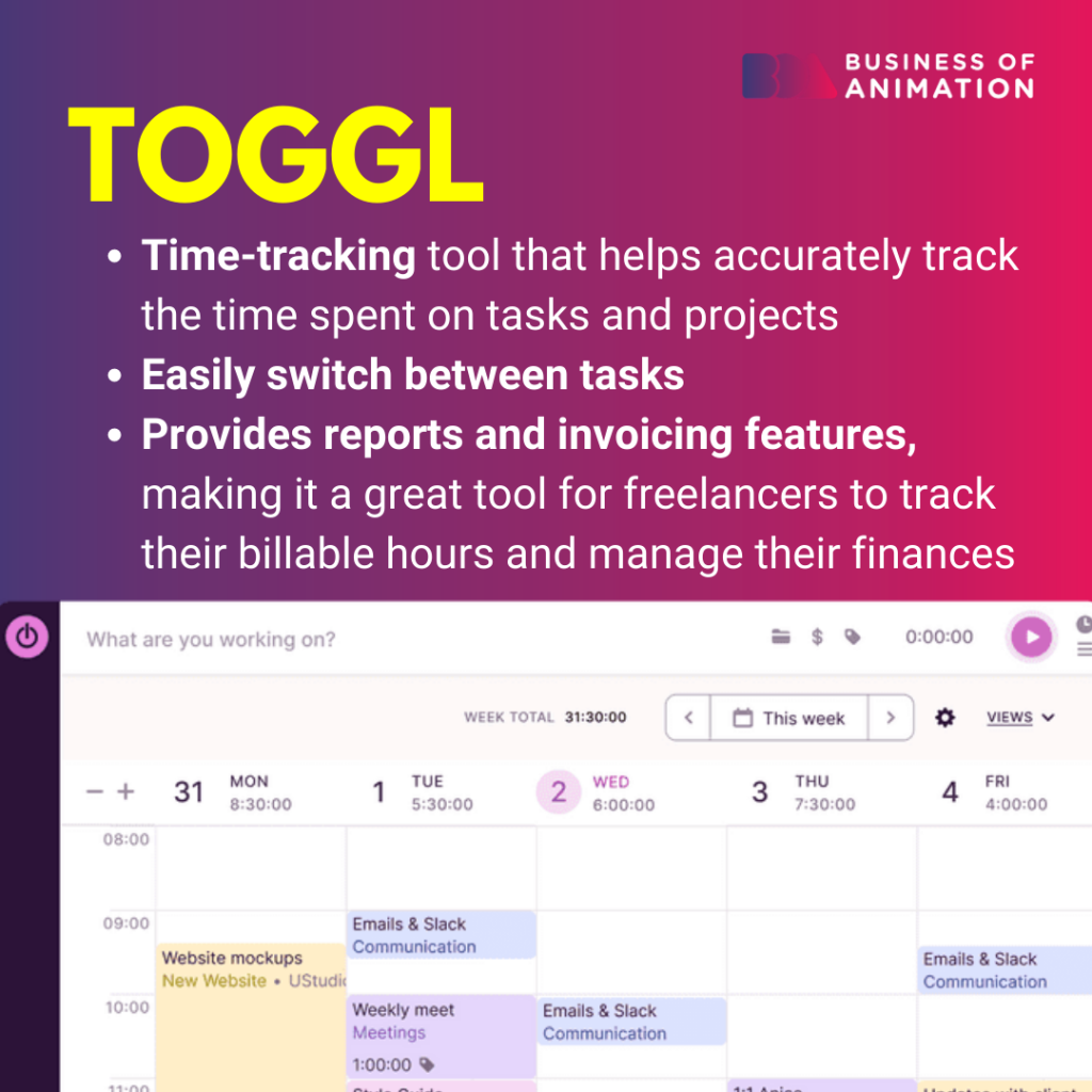 Toggl, time-tracking tool that helps accurately track the time spent on tasks and projects,easily switch between tasks, provides reports and invoicing features, making it a great tool for freelancers to track their billable hours and manage their finances