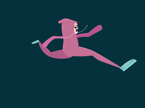 character running with pink hoodie and blue sneakers