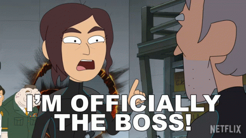 Women character telling man that she's officially the boss!