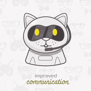 cat looking around through glasses and talking through a microphone with the text improved communication at the bottom