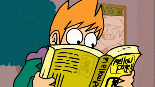 boy with orange hair reading a book called mellow pages
