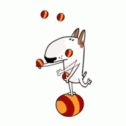 dog character standing on a ball on one foot and juggling other small balls in his hands