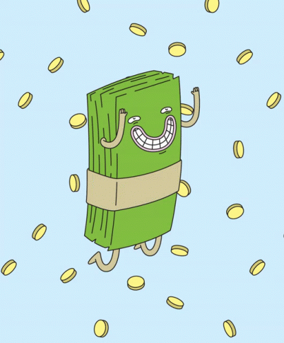 stack of paper money with a big smile and arms and legs and appears to be flying with gold coins behind it