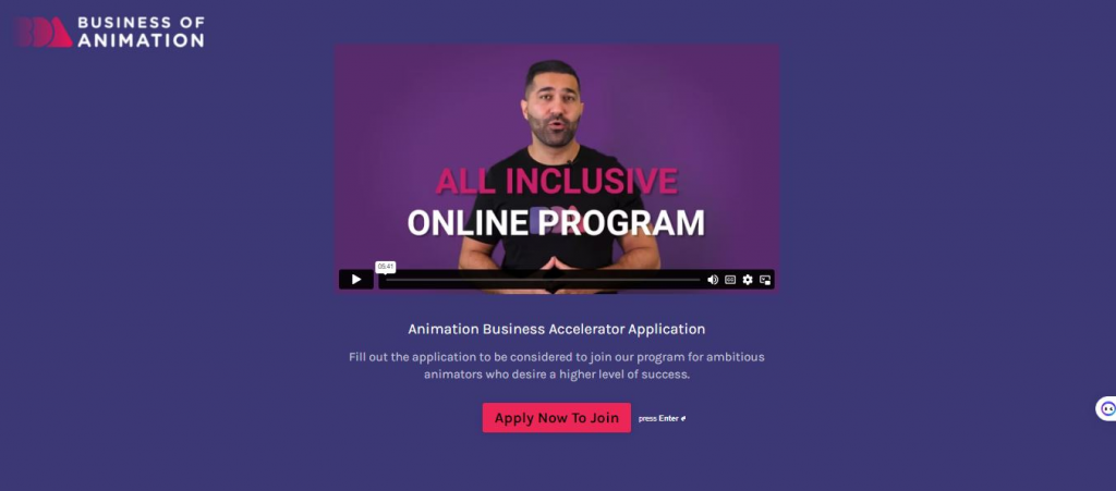 Business of Animation page with the apply to join Animation Business Accelerator Application with a video and the text "All Inclusive Online Program"