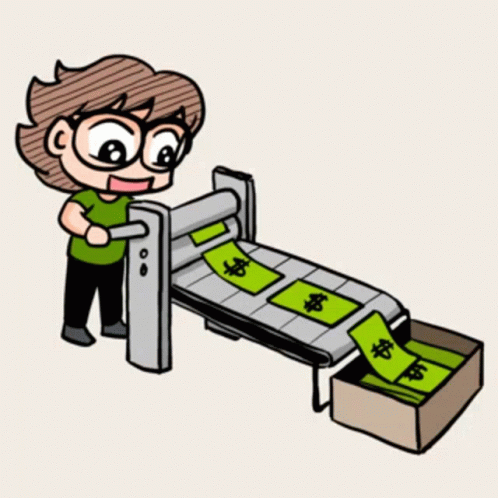 character with a big smile rolling money through a roller and off a conveyor belt and into a box