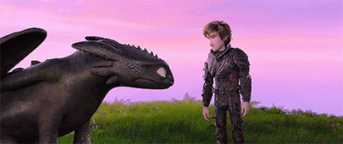 a scene from How To Train Your Dragon where toothless hugs hiccup at sunset on a green grassy hill