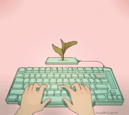 person typing on a keyboard and a flower grows through the hard drive that is plugged in