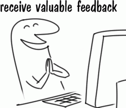 character sitting behind their computer looking very happy and clapping their hands with the text "receive valuable feedback"