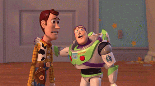 scene from Toy Story with Woody looking worried and Buzz Light Year putting his hand on Woody's back and speaking and looking optimistic
