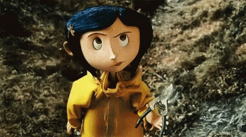 Coraline holding pruning spears with a mischievous look on her face