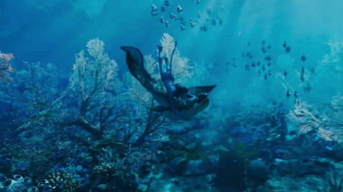 a scene from Avatar of a character riding an under water sea creature in a beautiful blue ocean