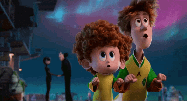 Two boys from Hotel Transylvania looking very surprised with their mouths wide open and people in the background