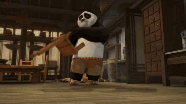 scene from Kung Fu Panda fighting off a bunch of characters and winning on his wooden chair