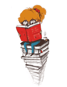 girl with thick orange hair reading a book whilst sitting on top of a huge stack of books