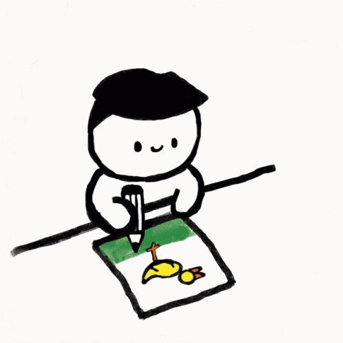 boy drawing a yellow bird and sticking his tongue out whilst concentrating and then pics up the drawing to look at it and looks slightly disapointed