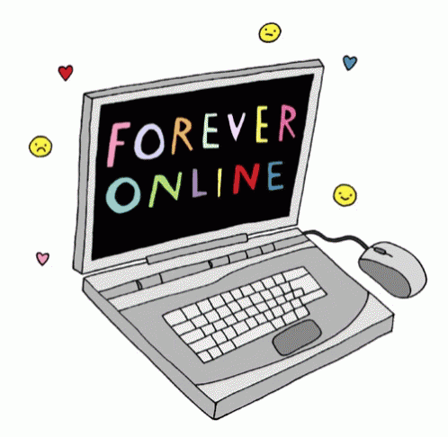 a laptop with a mouse saying 'forever online' with hearts and faces floating around it