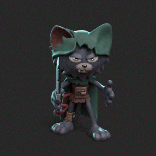 3d cat character wearing armor and tossing a knife from one hand to the other with an angry expression on its face