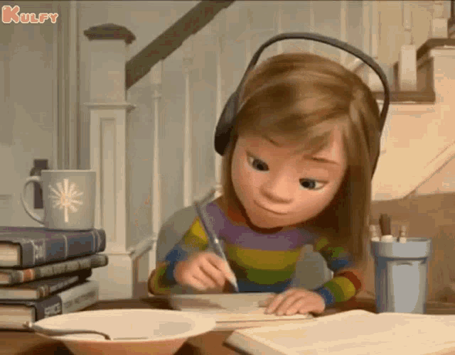 girl sitting at the table listening to music through her headphones and holding her pen whilst moving to the rhythm of the music and thinking