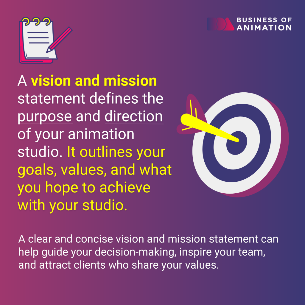 A vision and mission statement defines the purpose and direction of your animation studio.