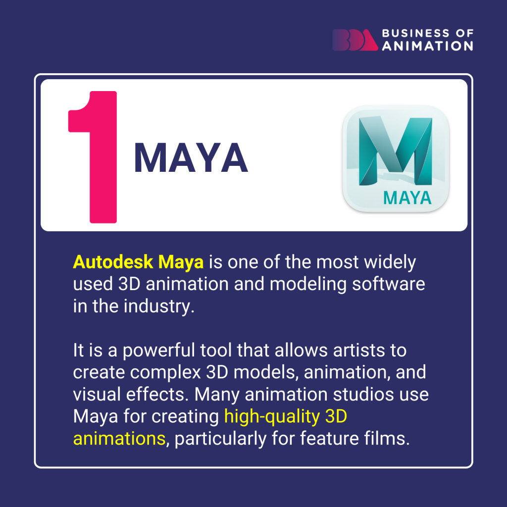 Autodesk Maya allows artists to create complex 3D models, animation, and visual effects