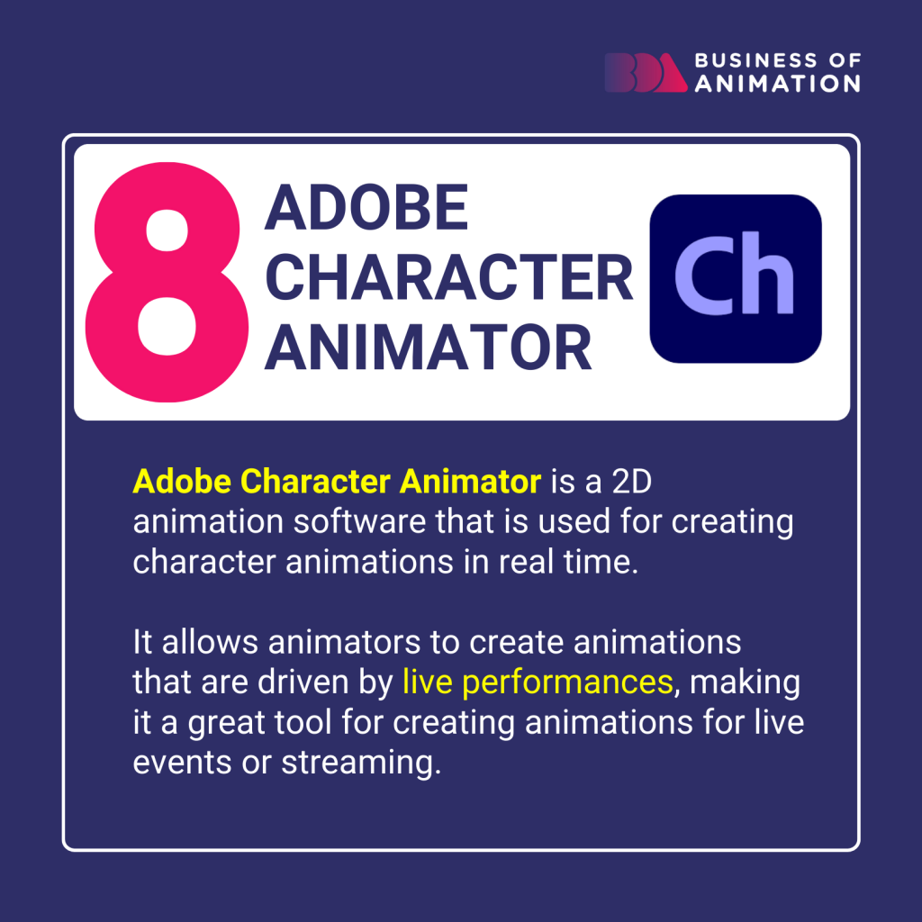 Adobe Character Animator is a 2D animation software that is used for creating character animations in real time.