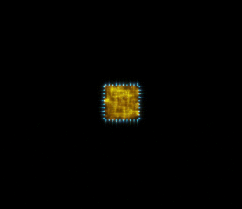 a gold computer chip against a black background expanding with blue and red connections