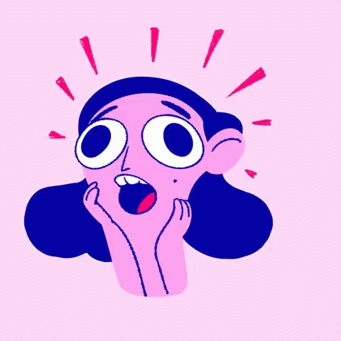 girl character with a pink face and blue hair looking shocked with big eyes and her hands on her face with her mouth open