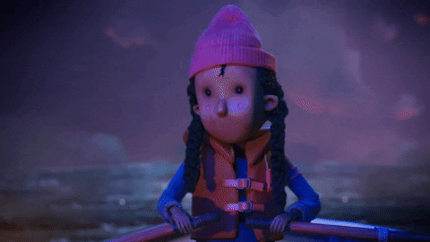 a girl wearing a pink beanie sitting in a boat rowing on the ocean at night as the lighting for stop motion is dim 