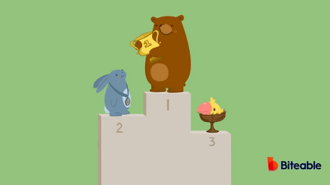 a bear standing on the 1st place position on the podium holding and raising a trophy and a rabbit on the 2nd place position on the podium wearing a medal with  a bird in a cup on the 3rd place position