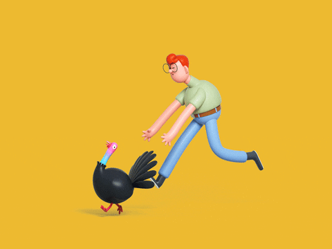 a man with orange hair chasing a turkey with his arms stretched out whilst the turkey is running away created with an accurate animation time chart for smooth motion
