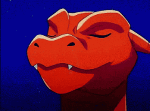 a red dragon character blowing smoke out its nose with its eyes closed