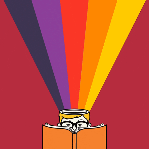 a character reading a book and all sorts of things come out his head against a rainbo like backdrop