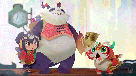 a panda bear character with a small girl standing next to it looking annoyed whilst an owl like character tries to explain something whilst holding a piece of paper