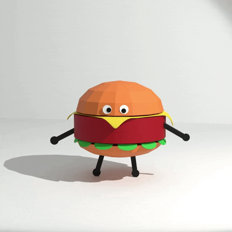 a burger character made from paper with eyes arms and legs and it is waving its one arm up