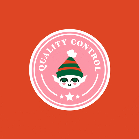 an elf winking within a pink circle with the text quality control written around it