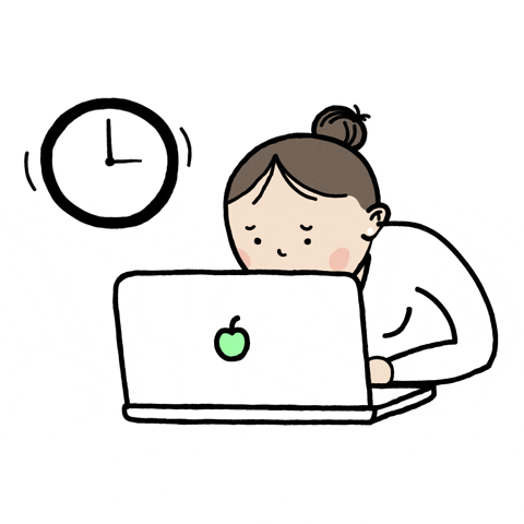 a girl working on her laptop and looking stressed with sweat dripping down her forehead and a clock spinning around really fast