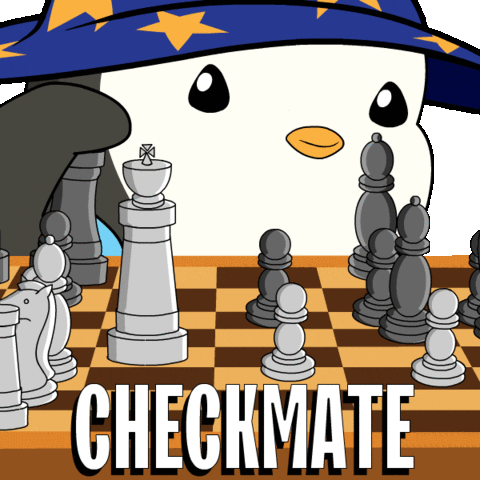 a penguin wearing a blue hat with yellow stars on it playing chess and moving the queen with the text saying "checkmate"