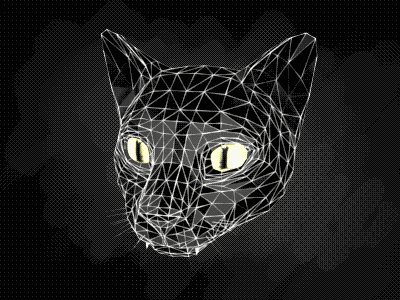 3d rigged skin of a cats head with big yellow eyes and its teeth sticking out as it head rotates 
