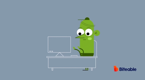 a green character working on its computer with the clock in the background ticking over really fast and the sweat drips down the characters face and they start to look stressed
