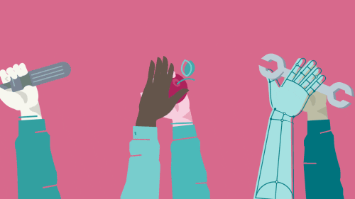 human hands and a robot hand passes tools between one another against a pink background